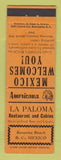 Matchbook Cover - La Paloma Rosarita Beach Mexico Perkins Americana ORANGE