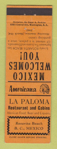 Matchbook Cover - La Paloma Rosarita Beach Mexico Perkins Americana ORANGE