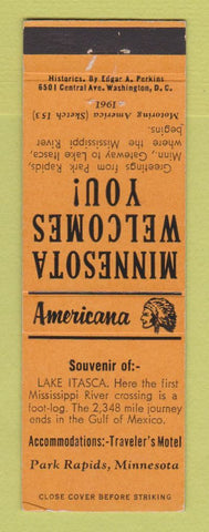 Matchbook Cover - Traveler's Motel Park Rapids MN Perkins Americana ORANGE