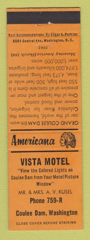 Matchbook Cover - Vista Motel Coulee Dam WA Perkins Americana ORANGE