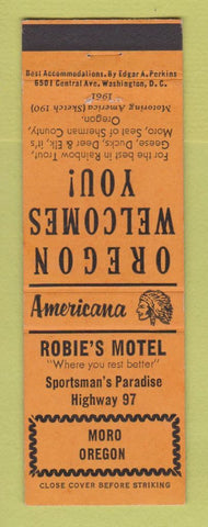 Matchbook Cover - Robie's Motel Moro OR Perkins Americana ORANGE