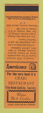 Matchbook Cover - Craig Restaurant Winton NC Perkins Americana ORANGE