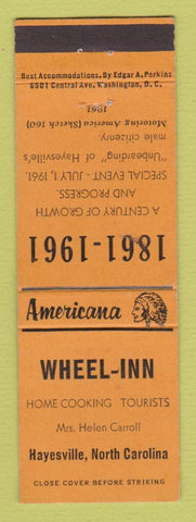 Matchbook Cover - Wheel Inn Hayesville NC 1961 Perkins Americana ORANGE