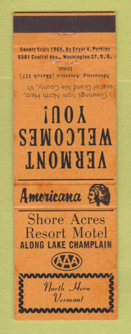 Matchbook Cover Shore Acres Resort Motel North Hero VT Perkins Americana ORANGE