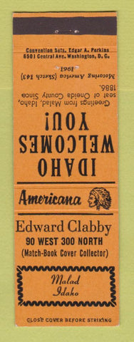 Matchbook Cover Edward Clabby Match Collector Malad ID Perkins Americana ORANGE