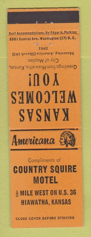 Matchbook Cover - Country Squire Motel Hiawatha KS Perkins Americana ORANGE