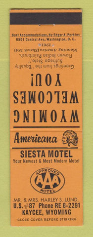 Matchbook Cover - Siesta Motel Kaycee WY WEAR Perkins Americana ORANGE