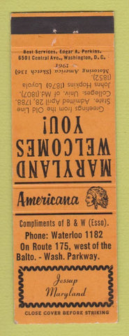 Matchbook Cover - B&W Esso oil gas Jessup MD Perkins Americana ORANGE