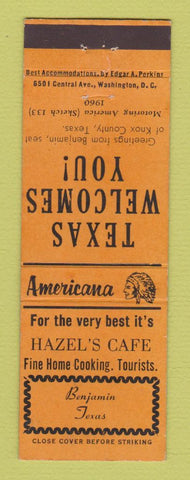Matchbook Cover - Hazel's Cafe Benjamin TX Perkins Americana ORANGE