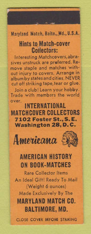 Matchbook Cover - Maryland Match Baltimore MD Perkins Americana ORANGE