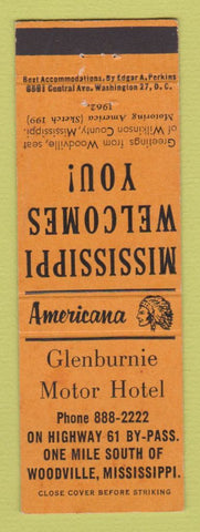 Matchbook Cover - Glenburnie Motor Hotel Woodville MS Perkins Americana ORANGE