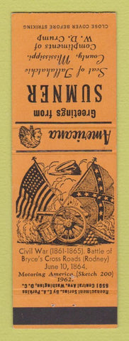 Matchbook Cover - Sumner MS Civil War Perkins Americana ORANGE