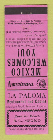 Matchbook Cover - La Paloma Rosarita Beach Mexico Perkins Americana PINK