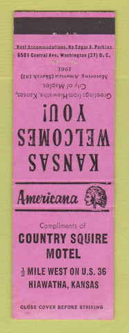 Matchbook Cover - Country Squire Motel Hiawatha KS Perkins Americana PINK