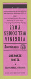 Matchbook Cover - Cherokee Motel Cloverdale VA Perkins Americana PINK