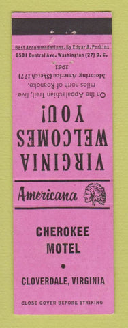 Matchbook Cover - Cherokee Motel Cloverdale VA Perkins Americana PINK