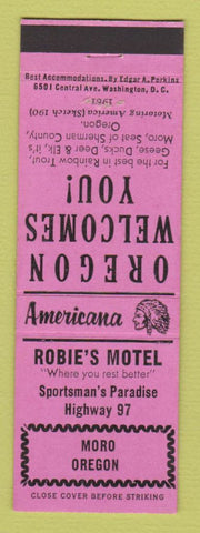 Matchbook Cover - Robie's Motel Moro OR Perkins Americana PINK