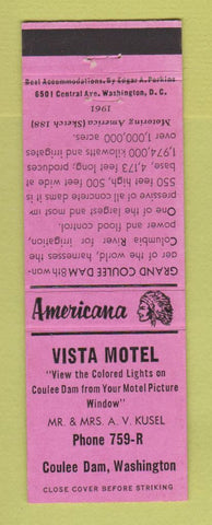 Matchbook Cover - Vista Motel Coulee Dam WA Perkins Americana PINK