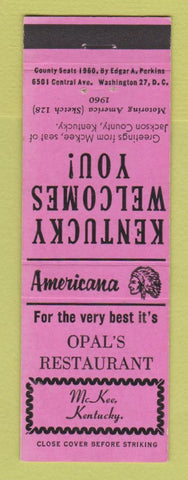 Matchbook Cover - Opal's Restaurant McKee KY Perkins Americana PINK