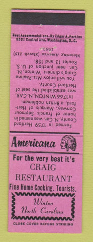 Matchbook Cover - Craig Restaurant Winton NC Perkins Americana PINK
