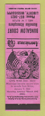 Matchbook Cover - Bungalow Court Liberty MS Civil War Perkins Americana PINK