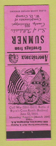 Matchbook Cover - Sumner MS Civil War Perkins Americana PINK