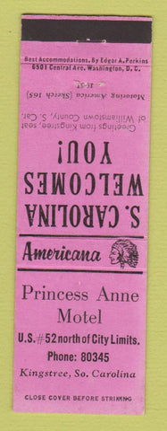 Matchbook Cover - Princess Anne Motel Kingstree SC Perkins Americana PINK