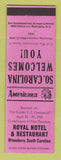 Matchbook Cover - Royal Hotel Winnsboro SC Perkins Americana PINK