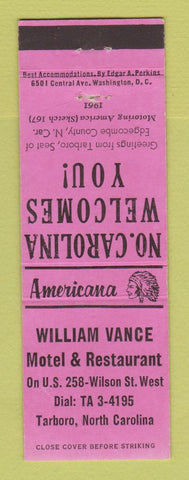 Matchbook Cover - William Vance Motel Tarboro NC Perkins Americana PINK