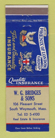 Matchbook Cover - WG Bridges Sons Insurance South Weymouth MA