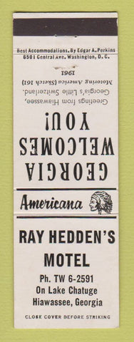 Matchbook Cover - Ray Hedden's Motel Hiawassee GA Perkins Americana WHITE