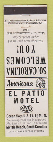 Matchbook Cover - El Patio Motel Myrtle Beach SC Perkins Americana WHITE
