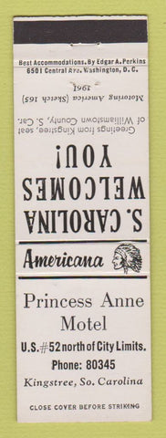Matchbook Cover - Princess Anne Motel Kingstree SC Perkins Americana WHITE