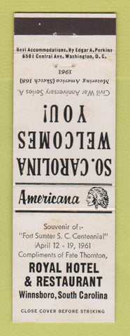 Matchbook Cover - Royal Hotel Winnsboro SC Perkins Americana WHITE