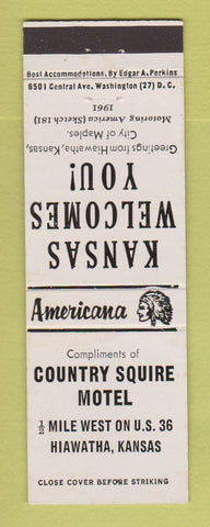 Matchbook Cover - Country Squire Motel Hiawatha KS Perkins Americana WHITE