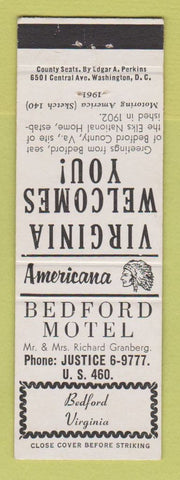 Matchbook Cover - Bedford Motel VA Perkins Americana WHITE
