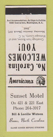 Matchbook Cover - Sunset Motel Boone NC Perkins Americana WHITE