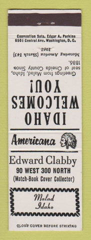 Matchbook Cover - Edward Clabby Match Collector Malad ID Perkins Americana WHITE