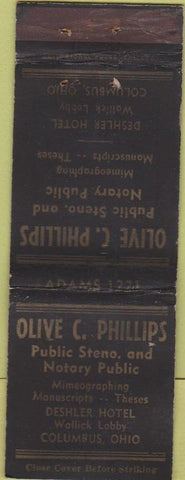 Matchbook Cover - Olive Phillips Notary Public Columbus OH