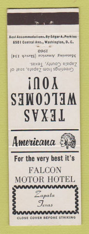 Matchbook Cover - Falcon Motor Hotel Zapata TX Perkins Americana WHITE