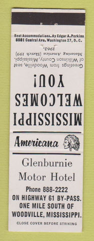 Matchbook Cover - Glenburnie Motor Hotel Woodville MS Perkins Americana WHITE