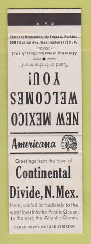 Matchbook Cover - Continental Divide NM Perkins Americana WHITE