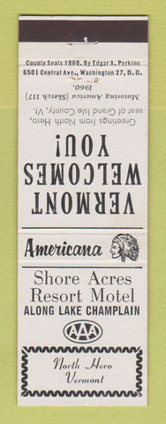 Matchbook Cover - Shore Acres Resort Motel North Hero VT Perkins Americana WHITE