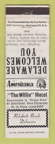 Matchbook Cover - Willin Motel Rehoboth Beach DE WEAR Perkins Americana WHITE