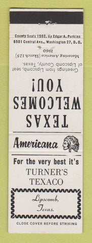 Matchbook Cover - Turner's Texaco oil gas Lipscomb TX Perkins Americana WHITE