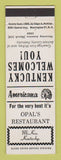 Matchbook Cover - Opal's Restaurant McKee KY Perkins Americana WHITE