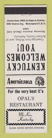 Matchbook Cover - Opal's Restaurant McKee KY Perkins Americana WHITE