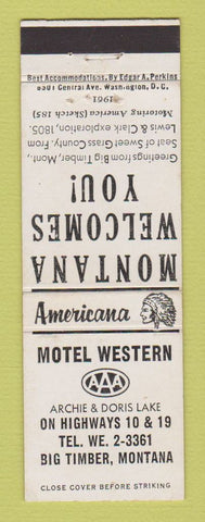 Matchbook Cover - Motel Western Big Timber MT  Perkins Americana WHITE