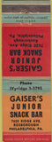 Matchbook Cover - Gaiser's Junior Snack Bar Philadelphia PA