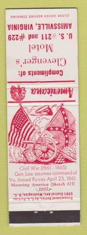 Matchbook Cover - Motel Amissville VA Civil War WEAR Perkins Americana WHITE